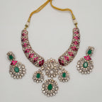 Meena Emerald Necklace Set silver collar with peacock motif, pink and green stones, and earrings