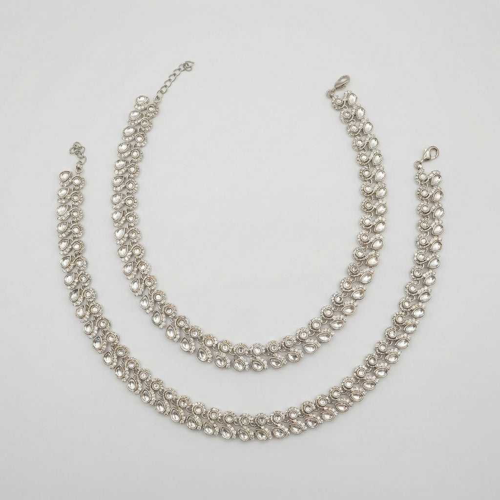 Divya Crystal Anklet pair of silver-tone double-row kundan payals