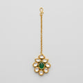 Panna Jadau Tikka gold jadau maang tikka with green center stone on gray background