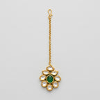 Panna Jadau Tikka gold jadau maang tikka with green center stone on gray background