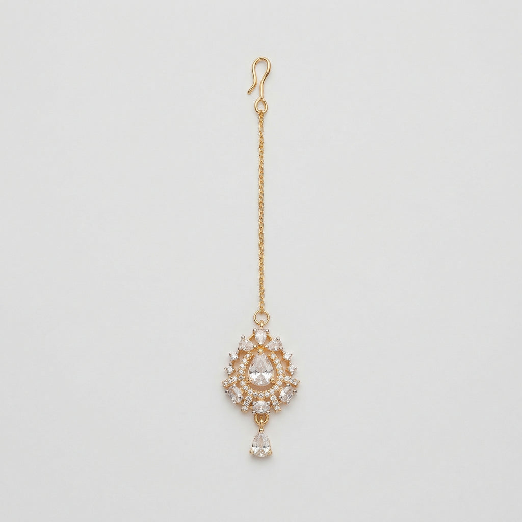 Riya Pear Tikka gold maang tikka with pear crystal halo pendant and teardrop drop on gray background