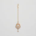 Riya Pear Tikka gold maang tikka with pear crystal halo pendant and teardrop drop on gray background