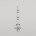 Rani Crystal Tikka silver-tone marquise chain maang tikka with crescent pendant on gray background