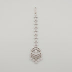 Rani Crystal Tikka silver-tone marquise chain maang tikka with crescent pendant on gray background