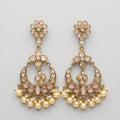 Chandni Pearl Earrings gold chandbali with pink cabochons and pearl fringe on gray background
