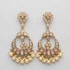 Chandni Pearl Earrings gold chandbali with pink cabochons and pearl fringe on gray background