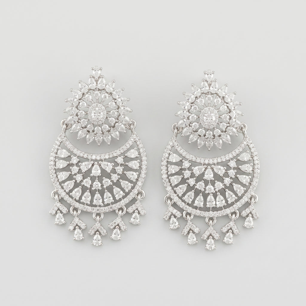 Chand Dazzle Earrings rhodium chandbali with crystal pear drops