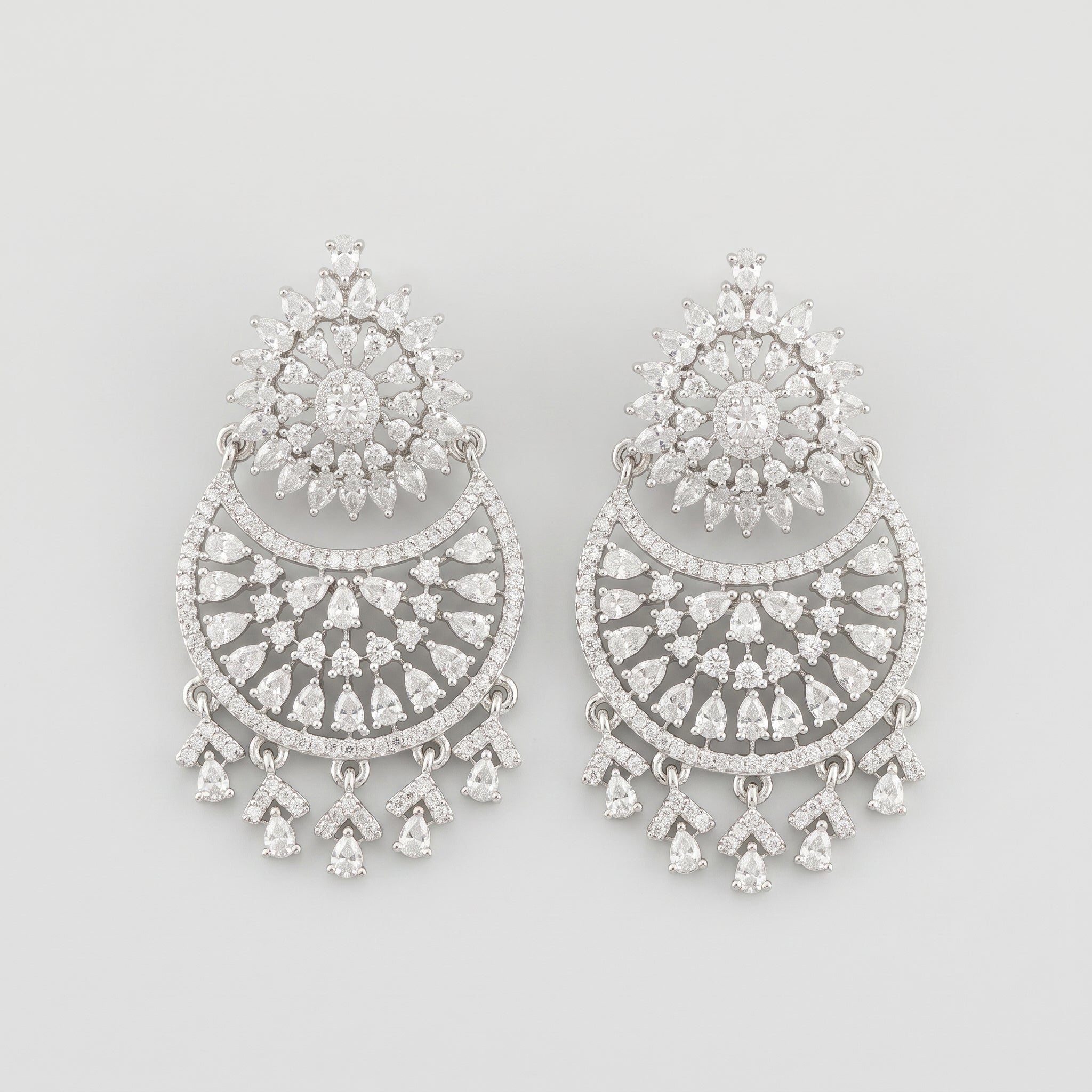 Chand Dazzle Earrings rhodium chandbali with crystal pear drops