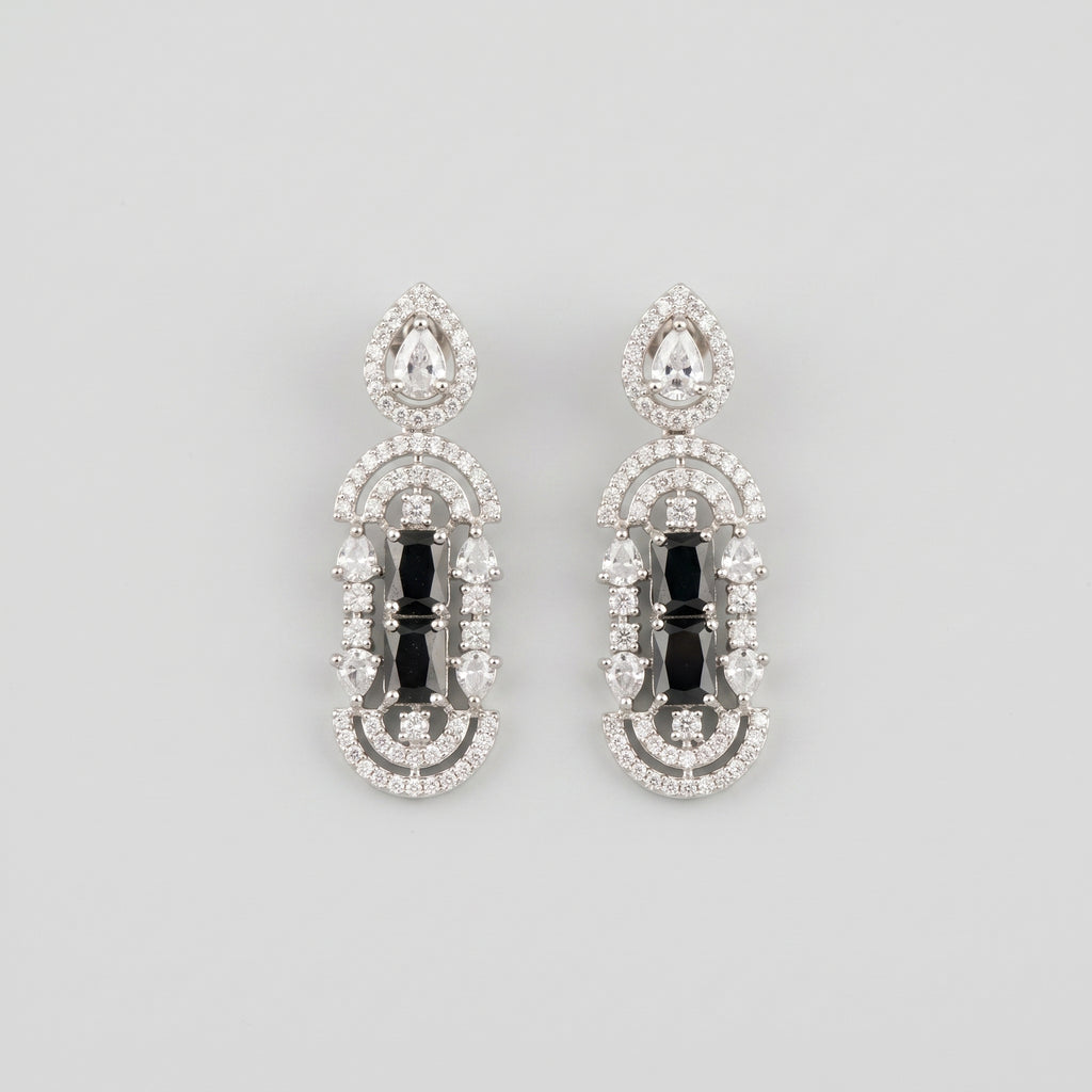 Aira Onyx Earrings silver Art Deco drops with black onyx bars and clear crystal pavé on gray background