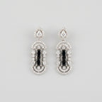 Aira Onyx Earrings silver Art Deco drops with black onyx bars and clear crystal pavé on gray background