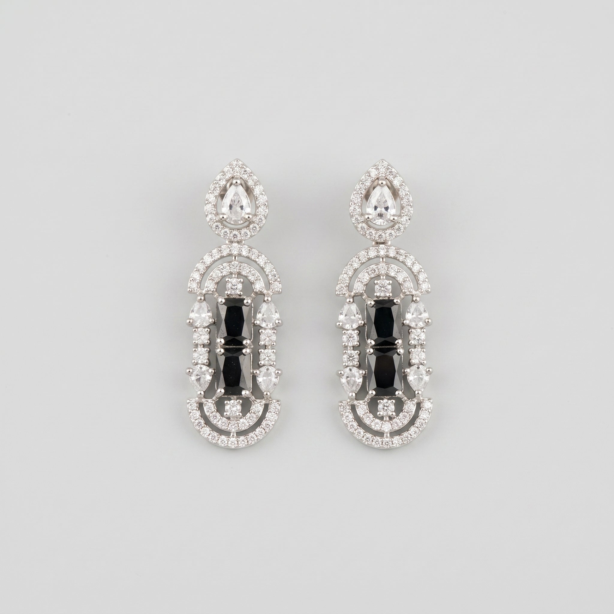 Aira Onyx Earrings silver Art Deco drops with black onyx bars and clear crystal pavé on gray background