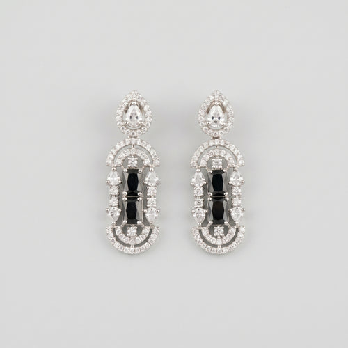 Aira Onyx Earrings silver Art Deco drops with black onyx bars and clear crystal pavé on gray background