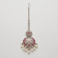 Gulabi Pearl Tikka silver chaandbali maang tikka with pink stones and pearl fringe on gray background
