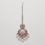 Gulabi Pearl Tikka silver chaandbali maang tikka with pink stones and pearl fringe on gray background