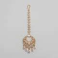 Amala Zircon Tikka gold maang tikka with marquise crystal chain round medallion and pear drops on gray background