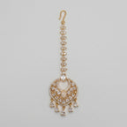 Amala Zircon Tikka gold maang tikka with marquise crystal chain round medallion and pear drops on gray background