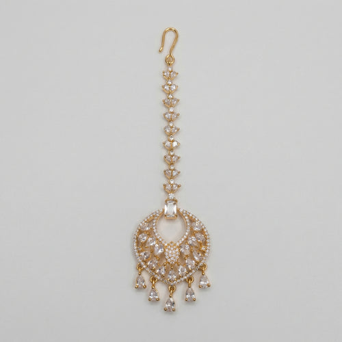 Amala Zircon Tikka gold maang tikka with marquise crystal chain round medallion and pear drops on gray background