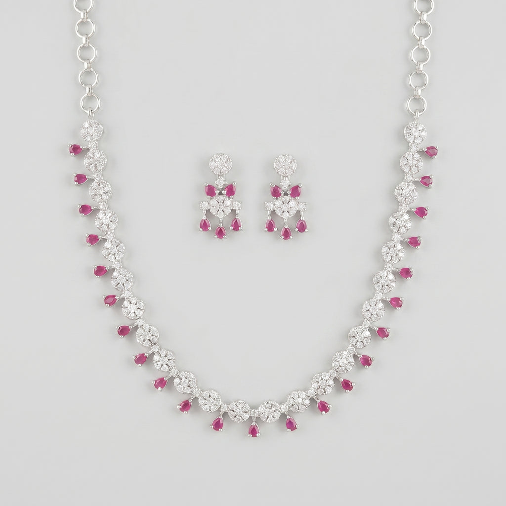 Gulab Droplet Necklace Set silver bib with pink teardrop stones and matching earrings