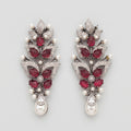 Rani Ruby Earrings oxidized silver botanical drops with ruby leaves and pearl fringe on gray background