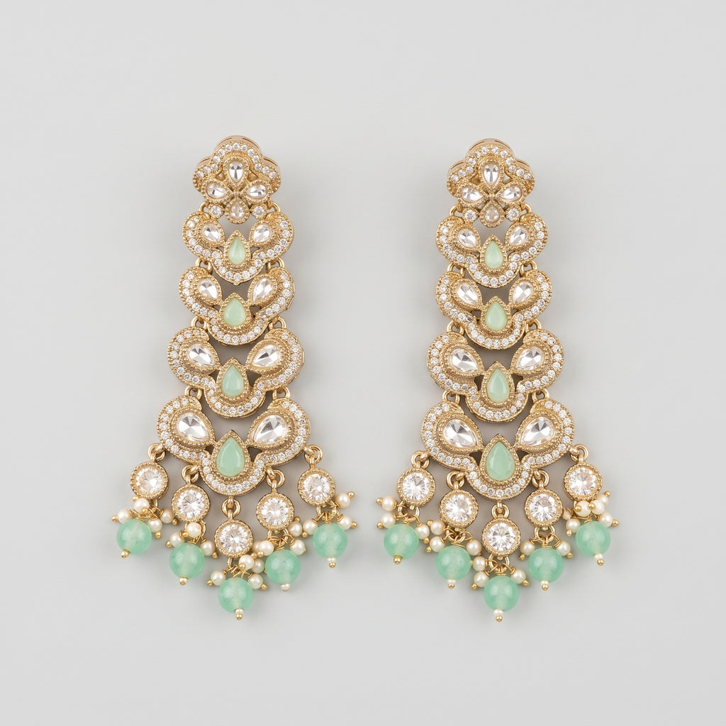 Panna Cascade Earrings gold tiered drops with mint green stones