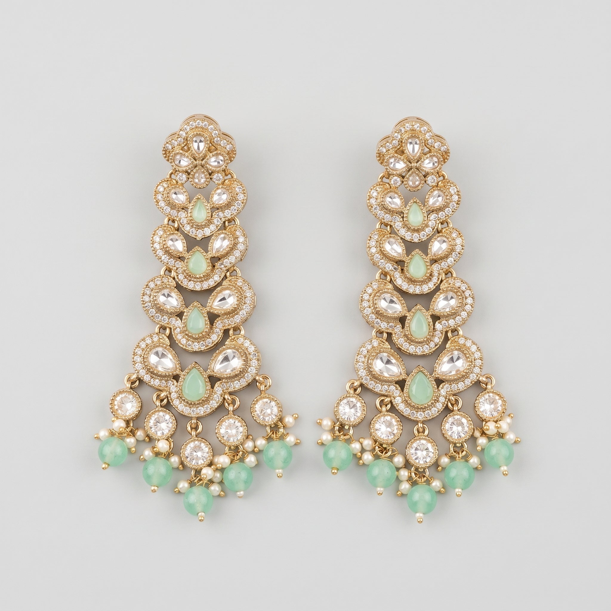 Panna Cascade Earrings gold tiered drops with mint green stones