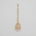 Kiara Dewdrop Tikka gold chandbali maang tikka with marquise crystal chain and teardrop dangles on gray background