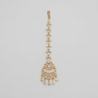 Kiara Dewdrop Tikka gold chandbali maang tikka with marquise crystal chain and teardrop dangles on gray background