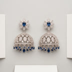 Neelam Jhumka Earrings rhodium jhumkas with blue pear fringe