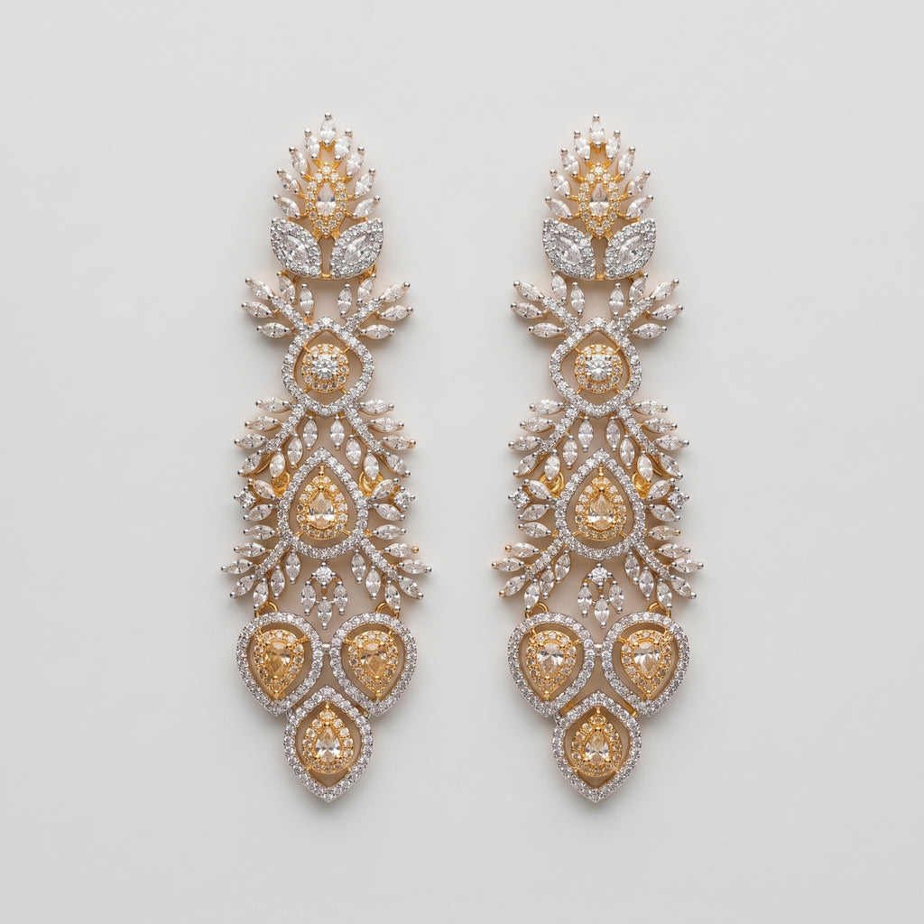 Regal Gold Earrings two-tone silver and gold chandelier drops with champagne pear stones