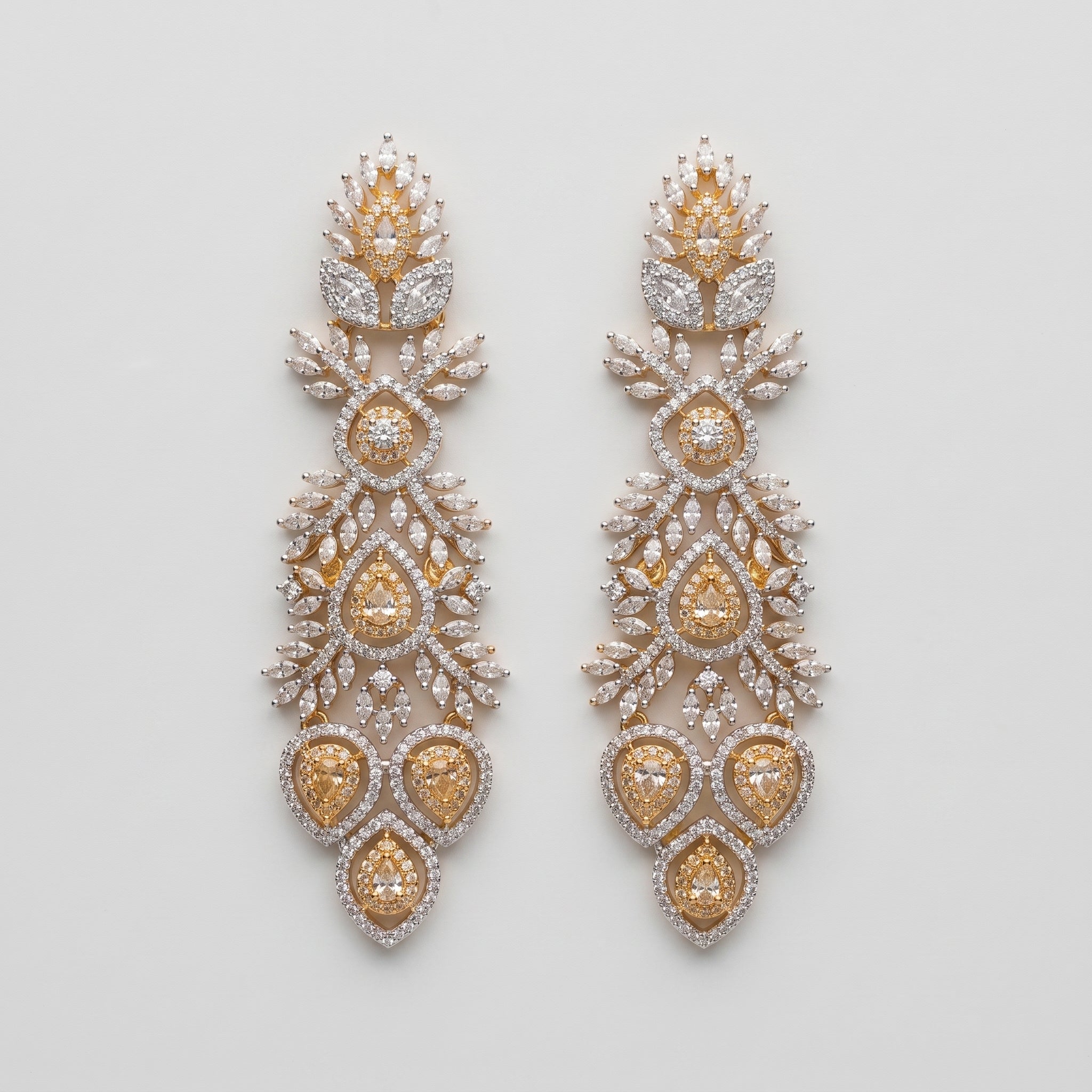 Regal Gold Earrings two-tone silver and gold chandelier drops with champagne pear stones