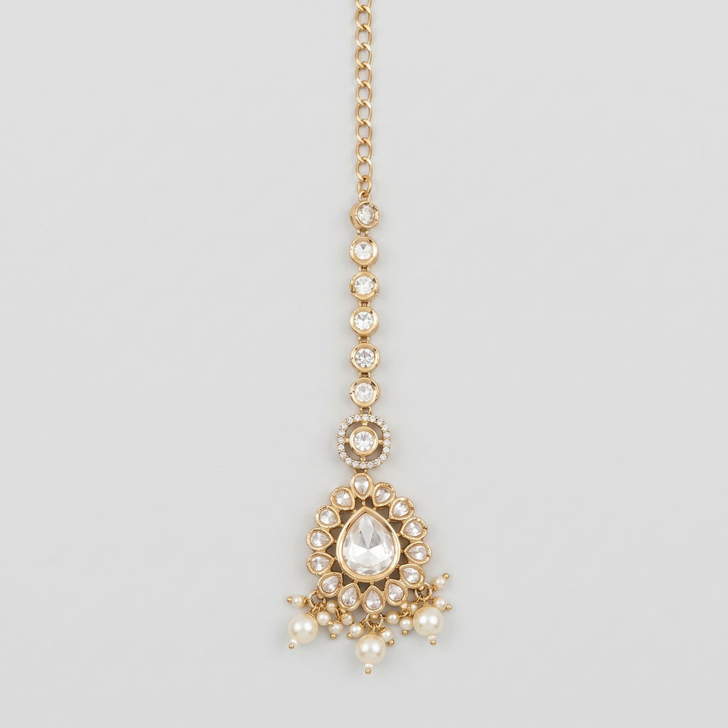 Noor Pearl Tikka gold polki maang tikka with crystal teardrop and pearl drops