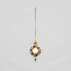 Rangoli Moti Tikka gold maang tikka with multicolor navratna circle and green teardrop drop on gray background