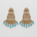 Pearl Aqua Earrings gold kundan chandelier drops with clear stones and blue bead fringe on gray background