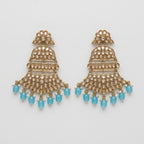 Pearl Aqua Earrings gold kundan chandelier drops with clear stones and blue bead fringe on gray background