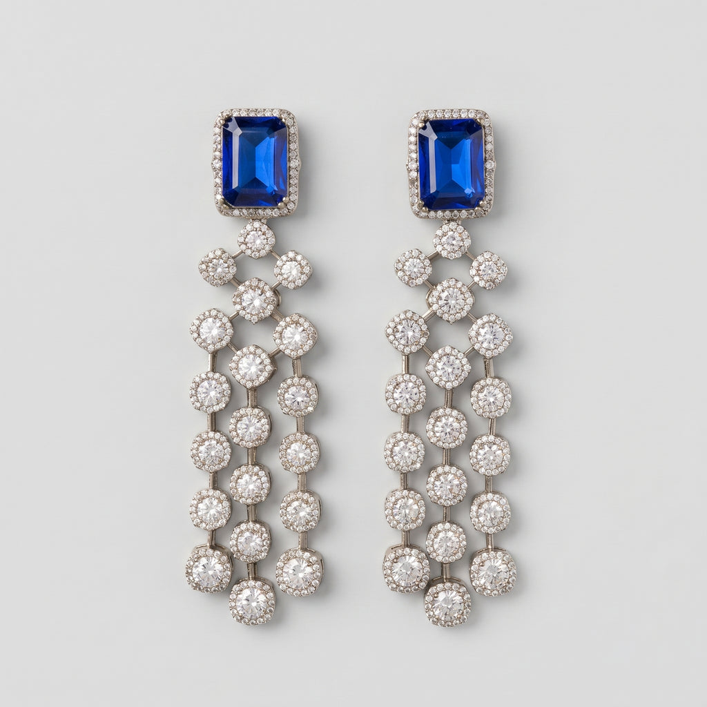 Neelam Drop Earrings rhodium blue top chandelier with crystal strands