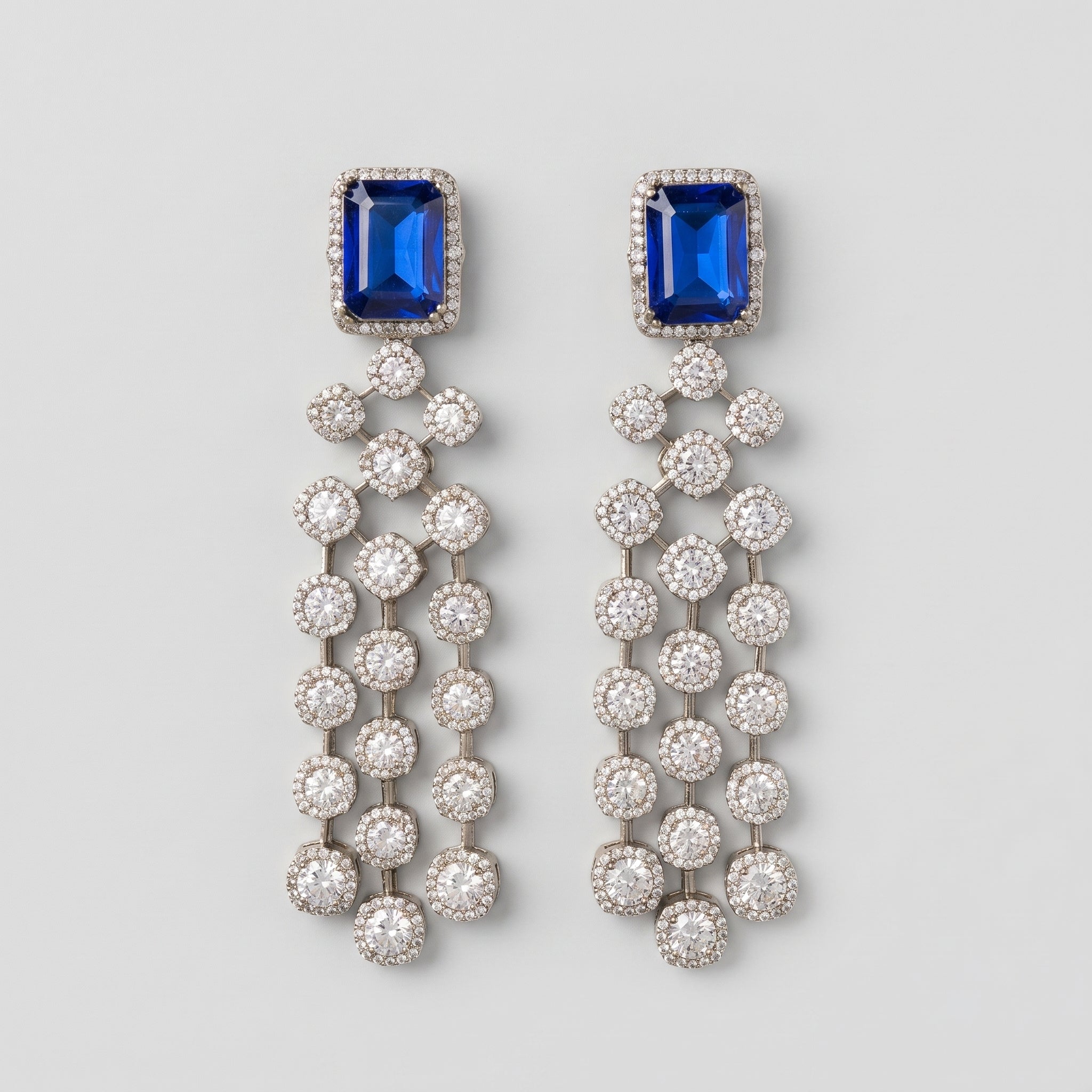 Neelam Drop Earrings rhodium blue top chandelier with crystal strands