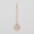 Chand Pearl Tikka gold chaandbali maang tikka with crystal chain and pearl drops on gray background