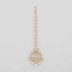 Chand Pearl Tikka gold chaandbali maang tikka with crystal chain and pearl drops on gray background