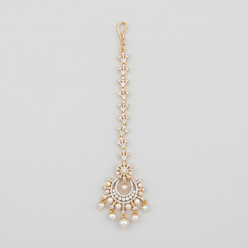 Chand Pearl Tikka gold chaandbali maang tikka with crystal chain and pearl drops on gray background
