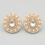 Kundan Pearl Earrings gold kundan studs with clear center and pearl crystal border on gray background