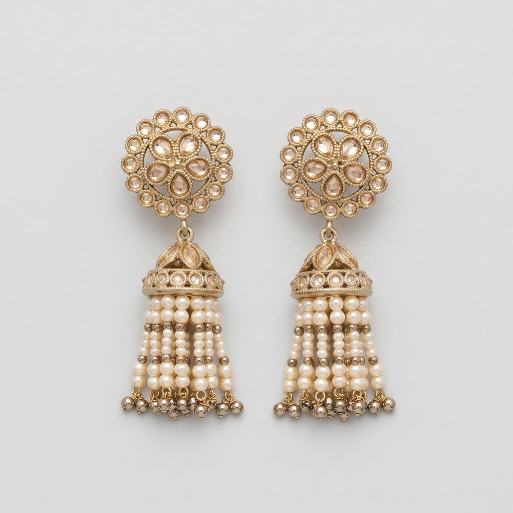 Gajra Pearl Earrings gold-tone kundan jhumka earrings with pearl tassel strands on gray background