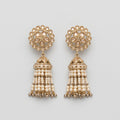 Gajra Pearl Earrings gold-tone kundan jhumka earrings with pearl tassel strands on gray background
