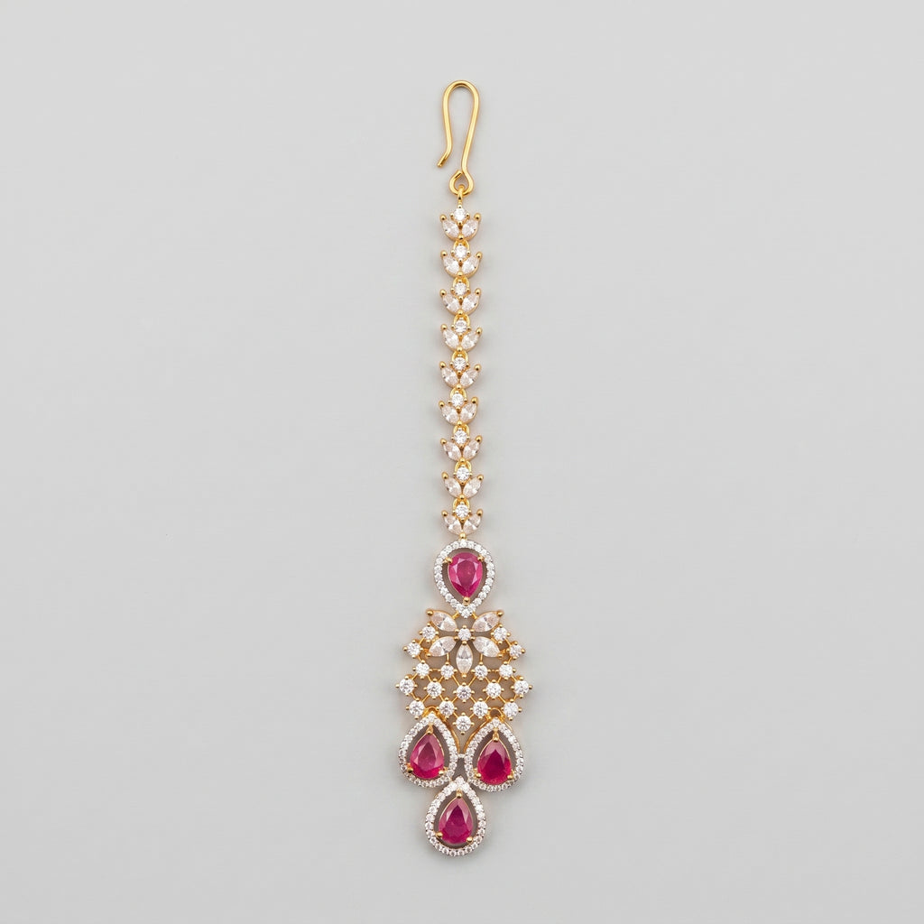 Crimson Bloom Tikka gold maang tikka with ruby teardrops and crystal chain