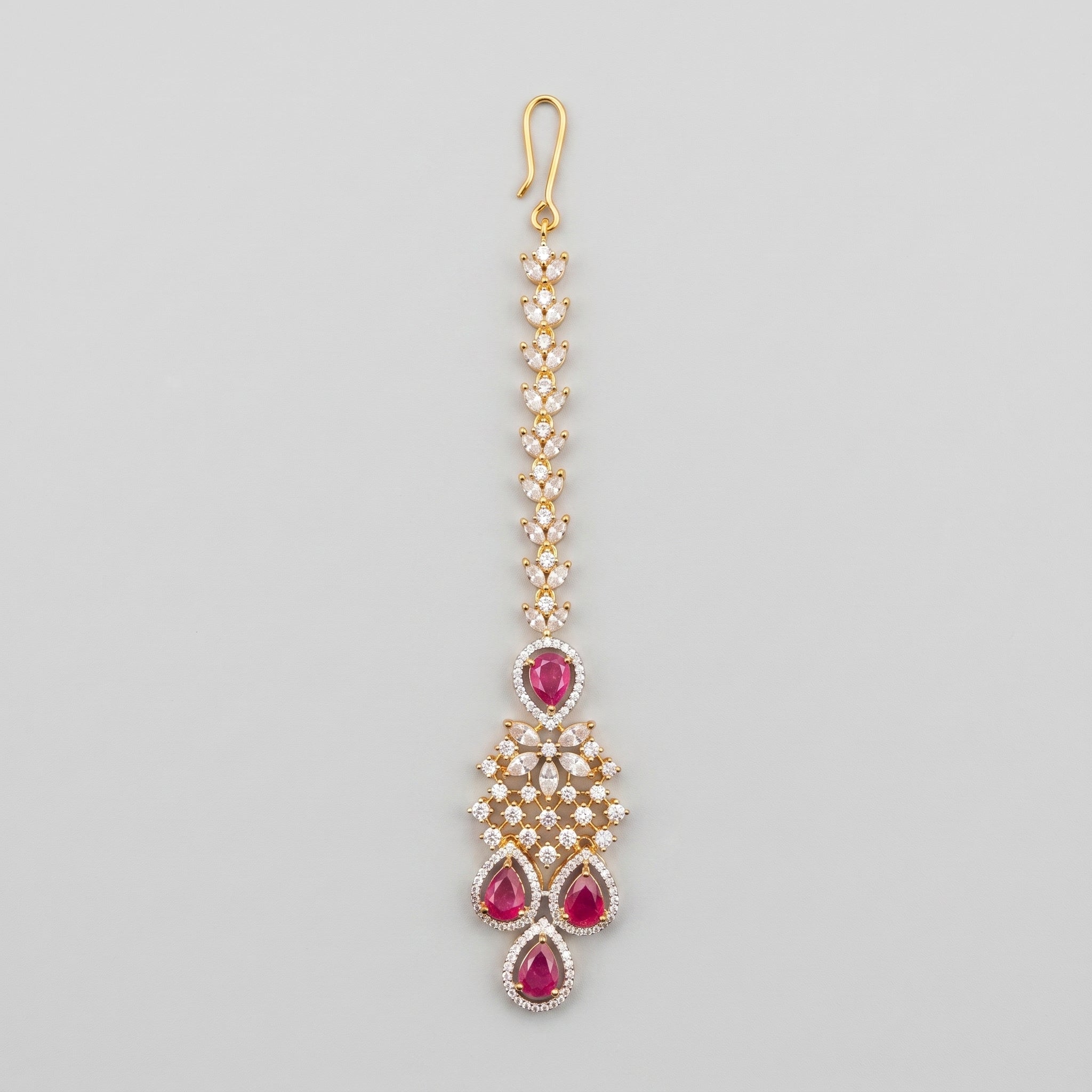 Crimson Bloom Tikka gold maang tikka with ruby teardrops and crystal chain