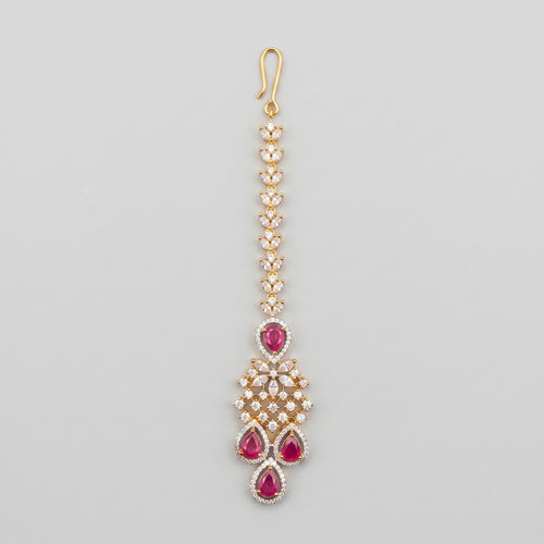 Crimson Bloom Tikka gold maang tikka with ruby teardrops and crystal chain