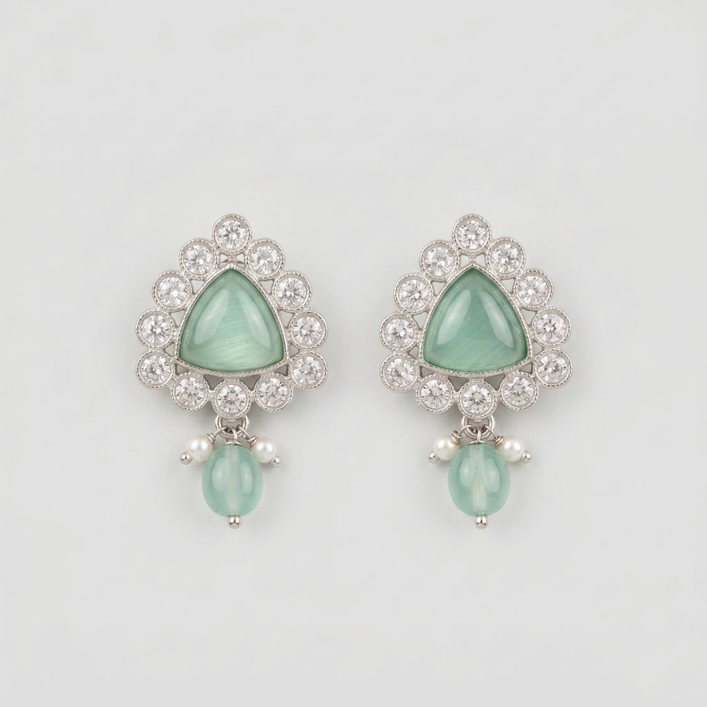 Rani Aqua Earrings rhodium-plated mint green triangular stud drops with pearl accents on gray background