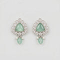 Rani Aqua Earrings rhodium-plated mint green triangular stud drops with pearl accents on gray background