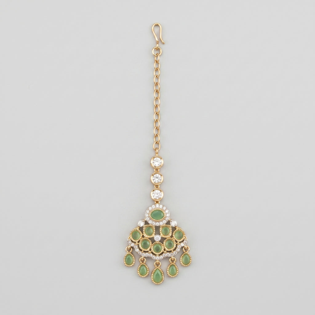 Kundan Pista Tikka gold maang tikka with mint green cabochons and teardrop dangles