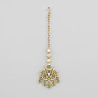 Kundan Pista Tikka gold maang tikka with mint green cabochons and teardrop dangles