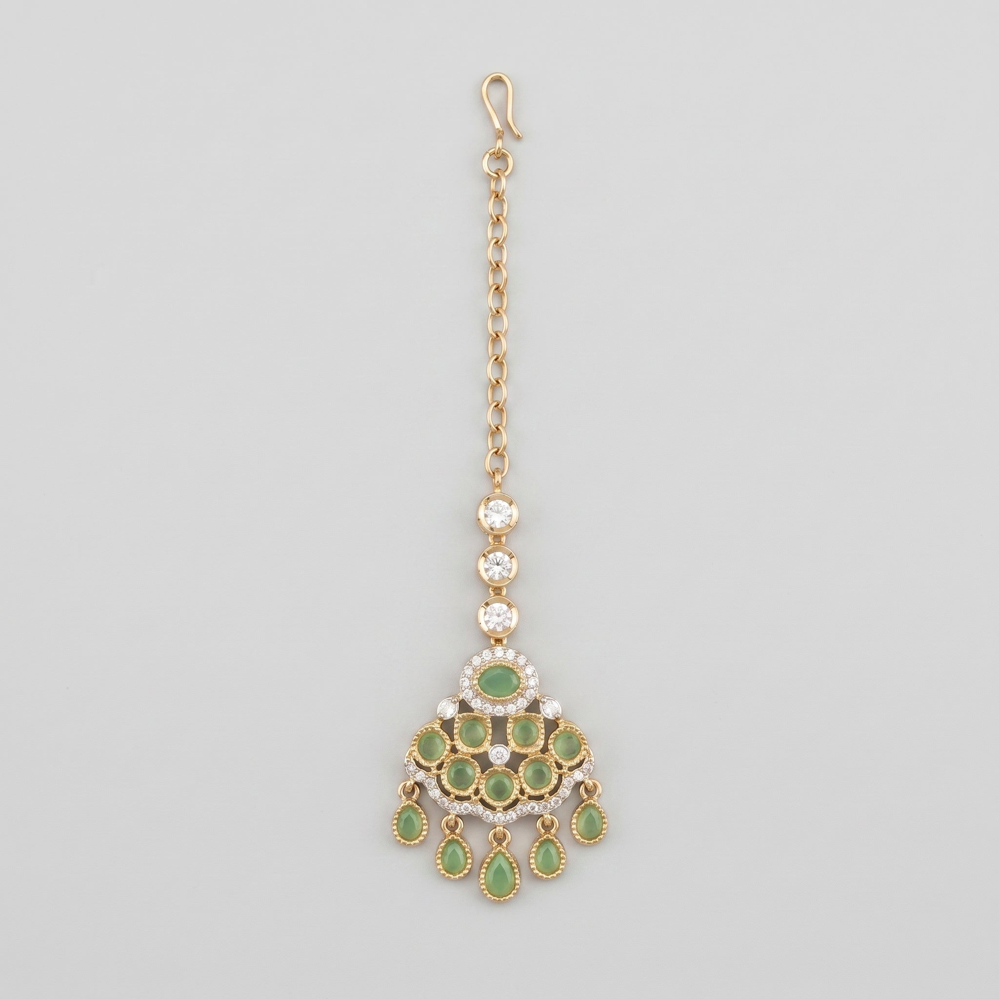 Kundan Pista Tikka gold maang tikka with mint green cabochons and teardrop dangles